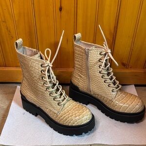 Urban Outfitters Tan Croc-Pattern Lace-Up Boots